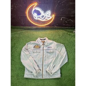 Harley Davidson Jacket Men M Jean Trucker Jacket Embroiderd Big Logo‎ Zip Up